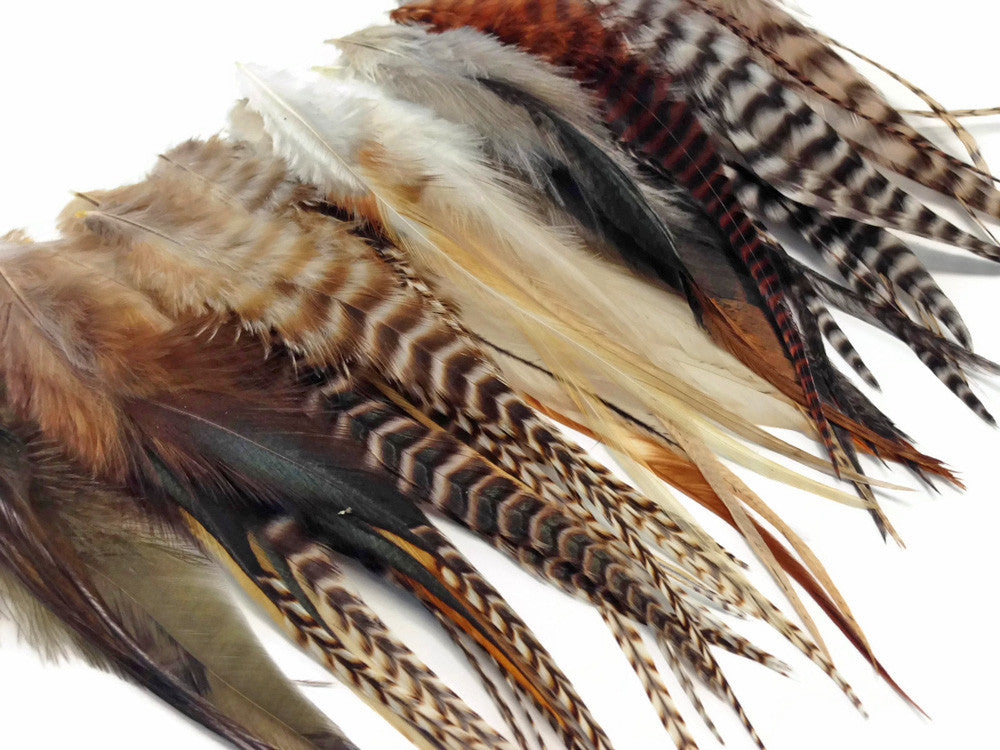 50 Pieces - Natural Tone Medium Length Rooster Saddle Whiting Hair Extension Wholesale Feathers (Bulk)