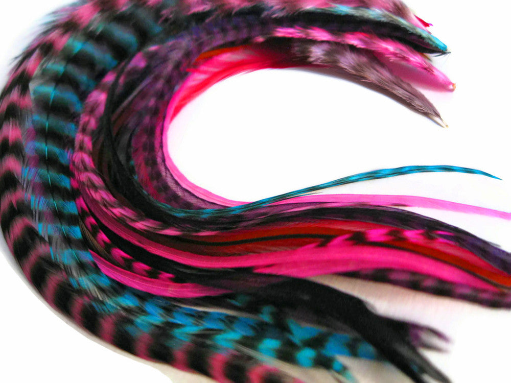 1 Dozen - Medium Party Mix Grizzly Rooster Saddle Whiting Hair Extension Feathers