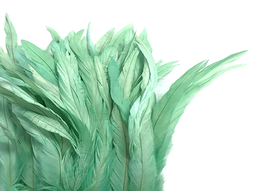 1 Yard - 10-12" Mint Green Bleach & Dyed Coque Tails Long Feather Trim (Bulk)