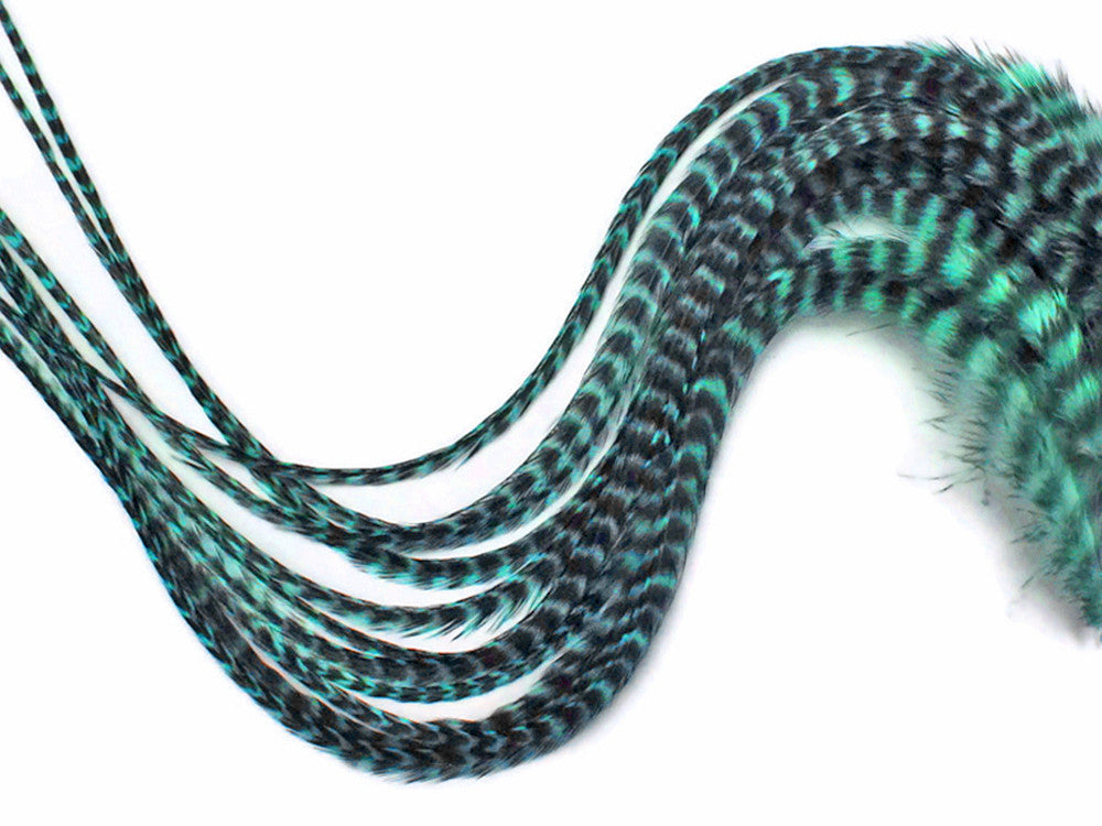 6 Pieces - Mint Green Thick Long Grizzly Rooster Hair Extension Feathers