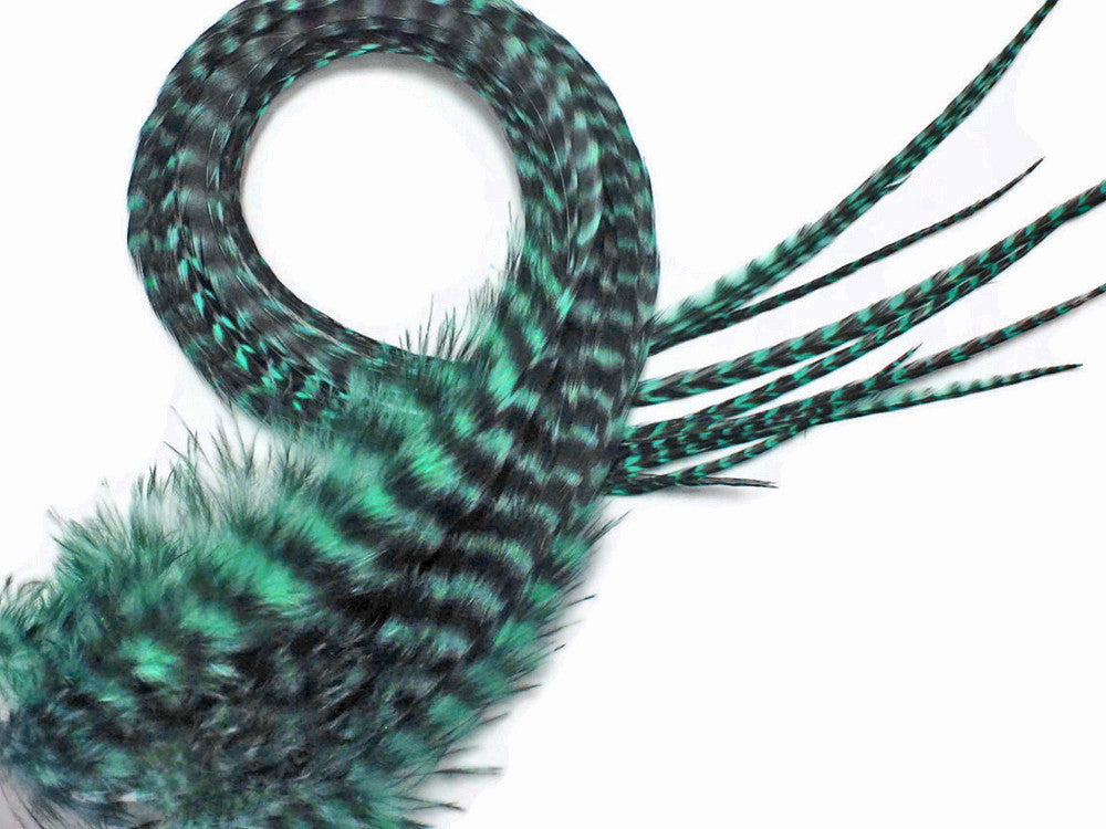 6 Pieces - Mint Green Thick Long Grizzly Rooster Hair Extension Feathers