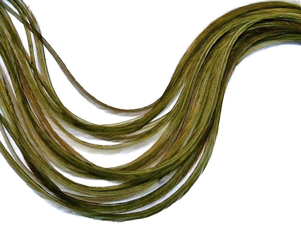 10 Pieces – Solid Olive Green Thin Long Whiting Farm Rooster Hair Extension Feathers