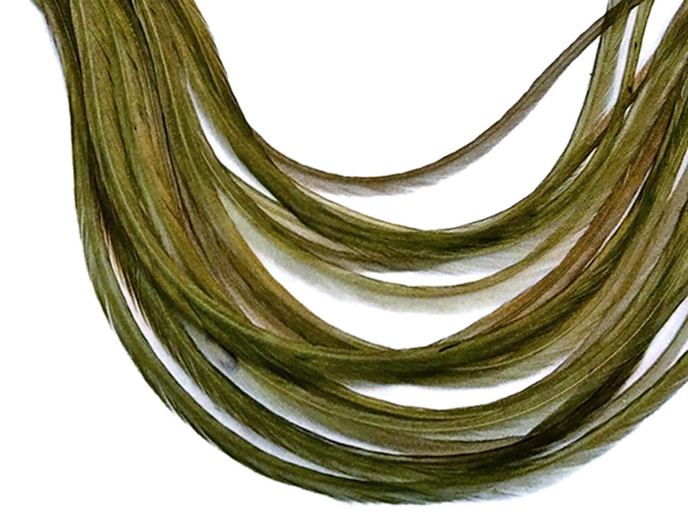 10 Pieces – Solid Olive Green Thin Long Whiting Farm Rooster Hair Extension Feathers