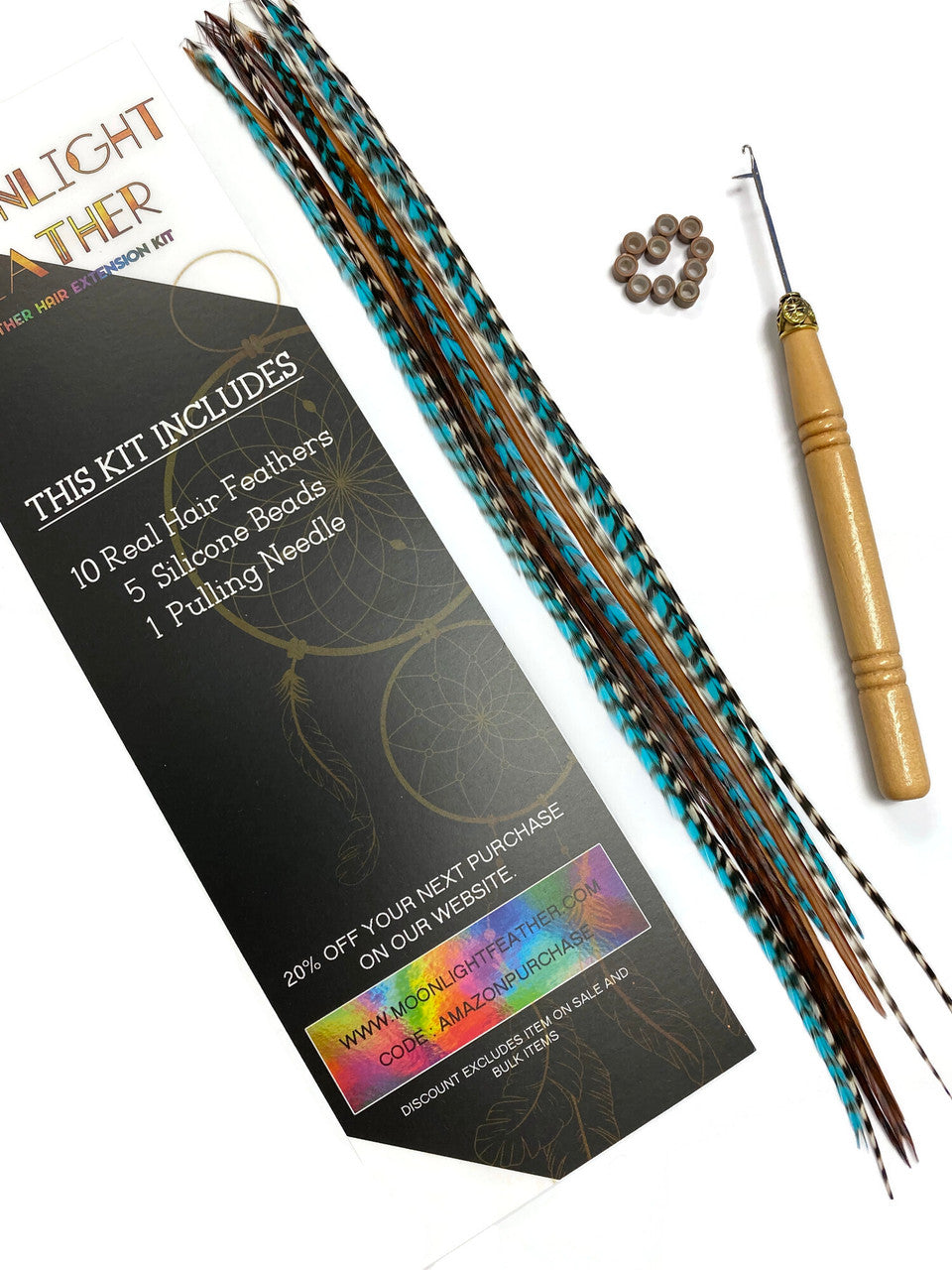 Blue Mix - 10 Pieces Hair Feather Extension Starter Kit with Pulling Needle & Silicone Beads