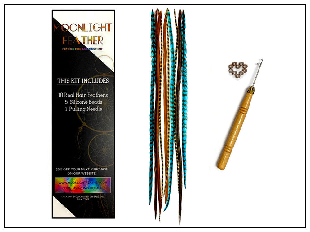 Blue Mix - 10 Pieces Hair Feather Extension Starter Kit with Pulling Needle & Silicone Beads