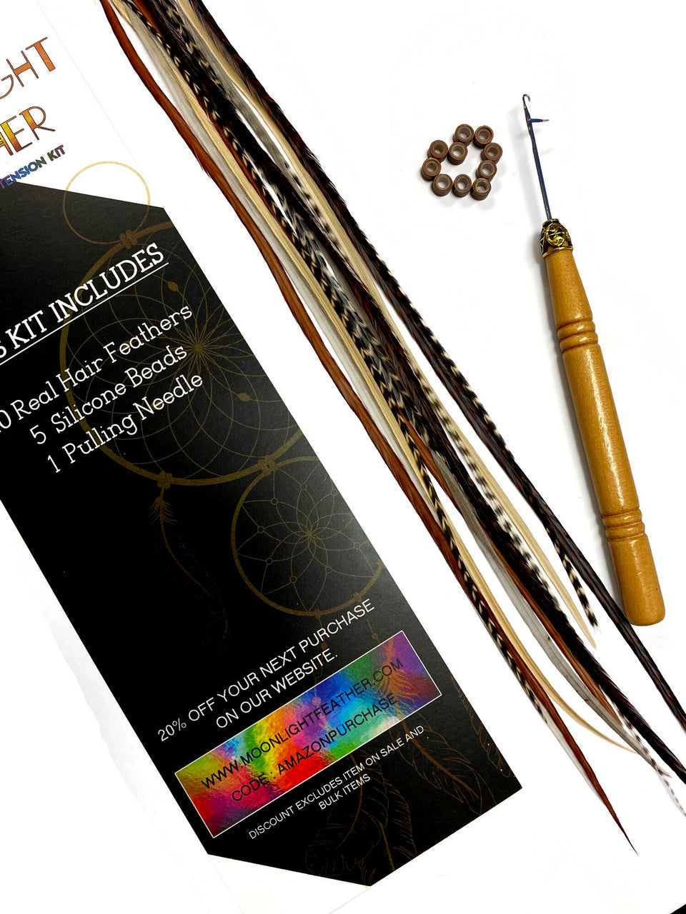 Brown Mix - 10 Pieces Hair Feather Extension Starter Kit with Pulling Needle & Silicone Beads