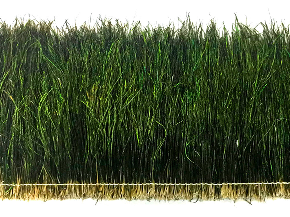 4 Inch Strip - 12-14" Natural Iridescent Green Peacock Flue / Herl Strung Feathers