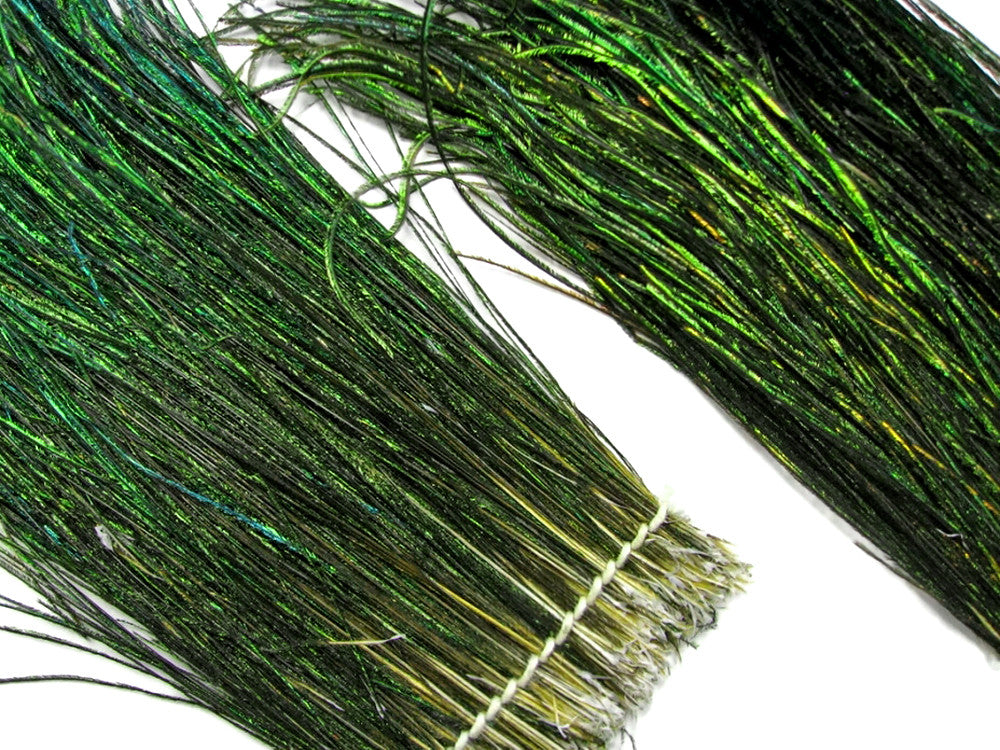 2 Inch Strip - 16-18" Natural Iridescent Green Peacock Flue / Herl Strung Feathers