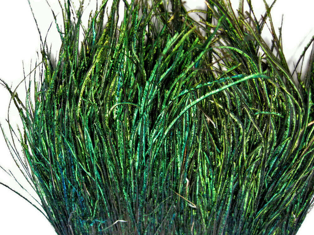 2 Inch Strip - 16-18" Natural Iridescent Green Peacock Flue / Herl Strung Feathers