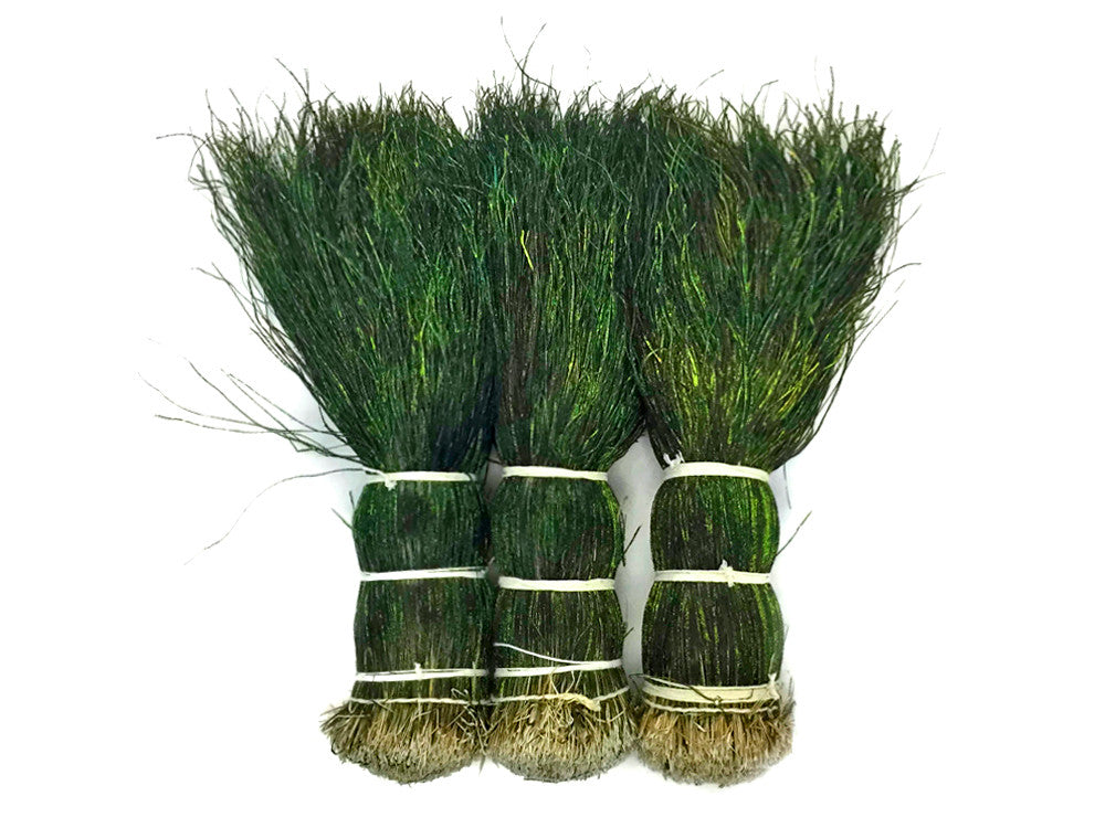 4 Inch Strip - 12-14" Natural Iridescent Green Peacock Flue / Herl Strung Feathers