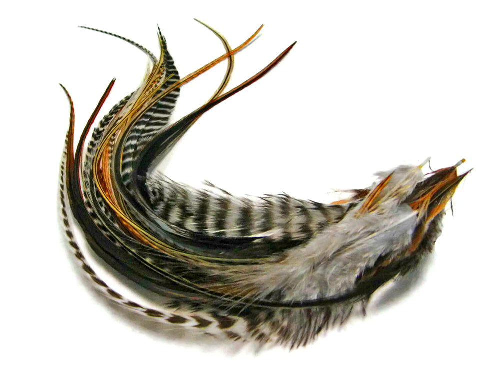 10 Pieces - Natural Combo Mix Long Whiting Farms Grizzly Rooster Saddle Hair Extension Feathers