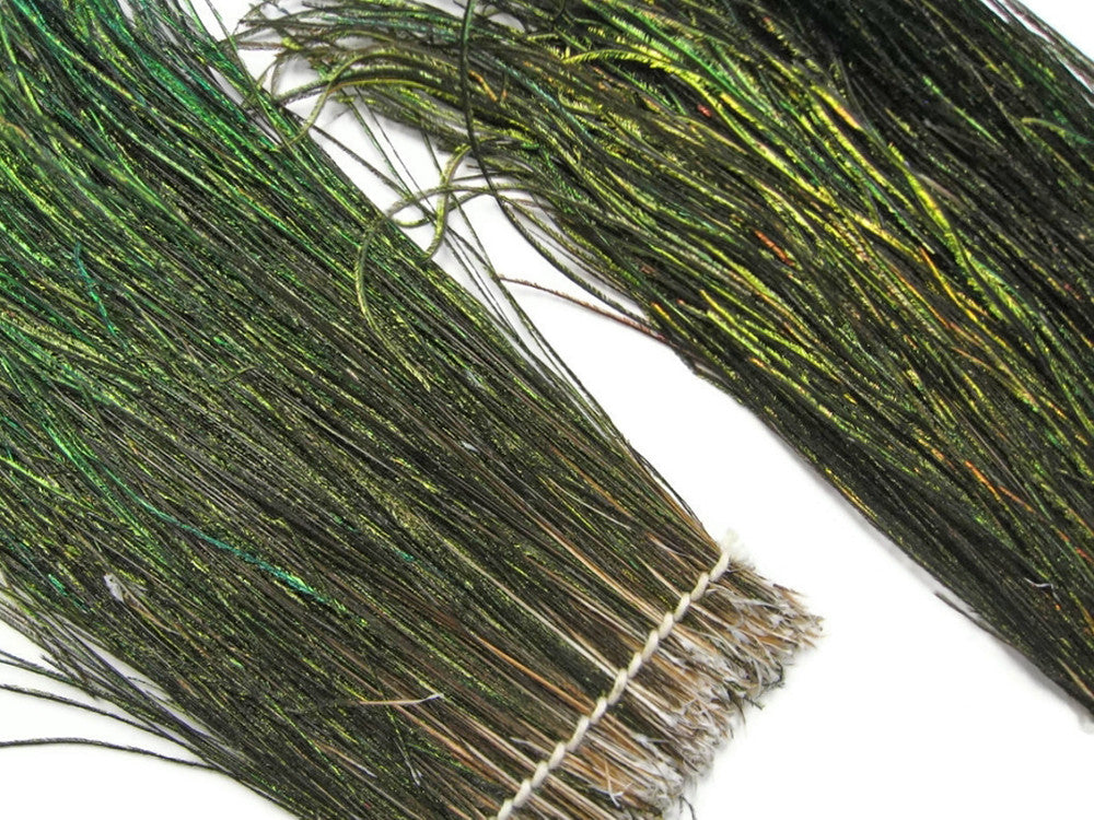 3 Inch Strip - 5-7" Natural Iridescent Green Peacock Flue / Herl Strung Feathers