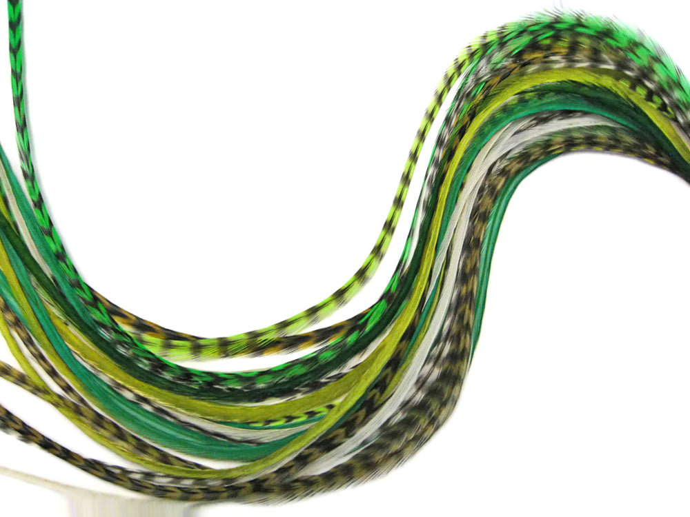 12 Strands - Nature Mix Thin Long Grizzly Whiting Farm Rooster Salon Hair Extension Feathers