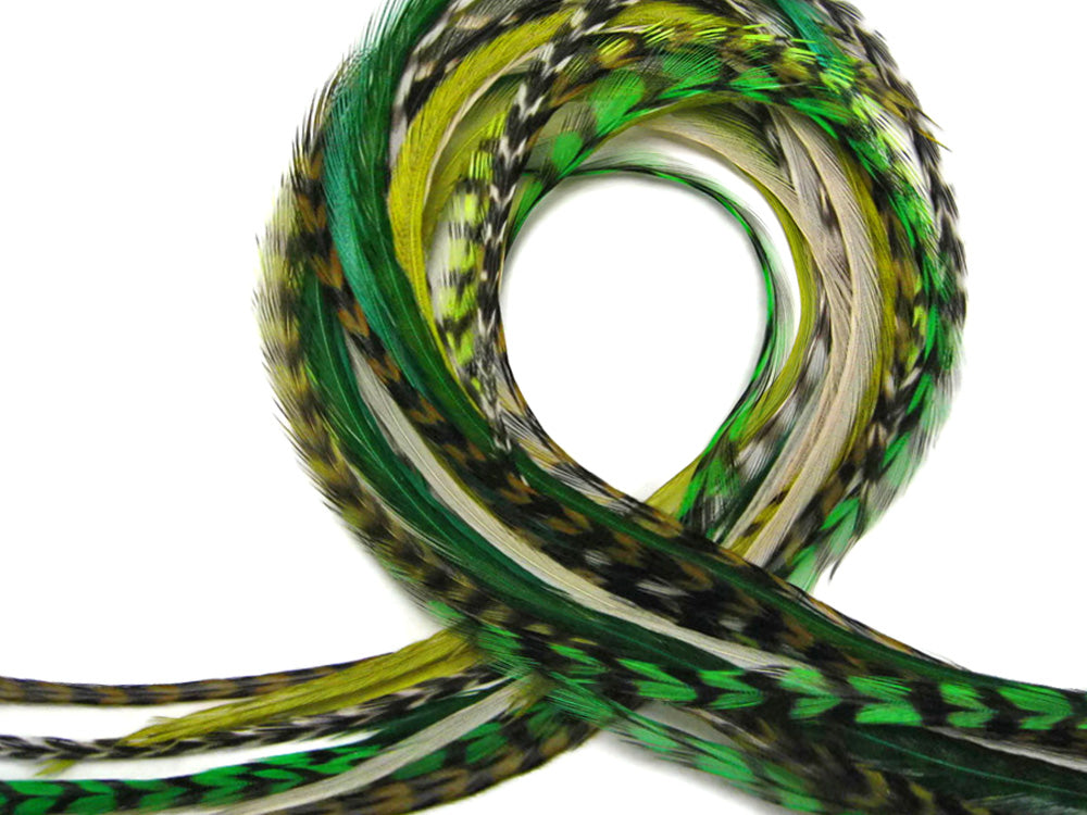 12 Strands - Nature Mix Thin Long Grizzly Whiting Farm Rooster Salon Hair Extension Feathers