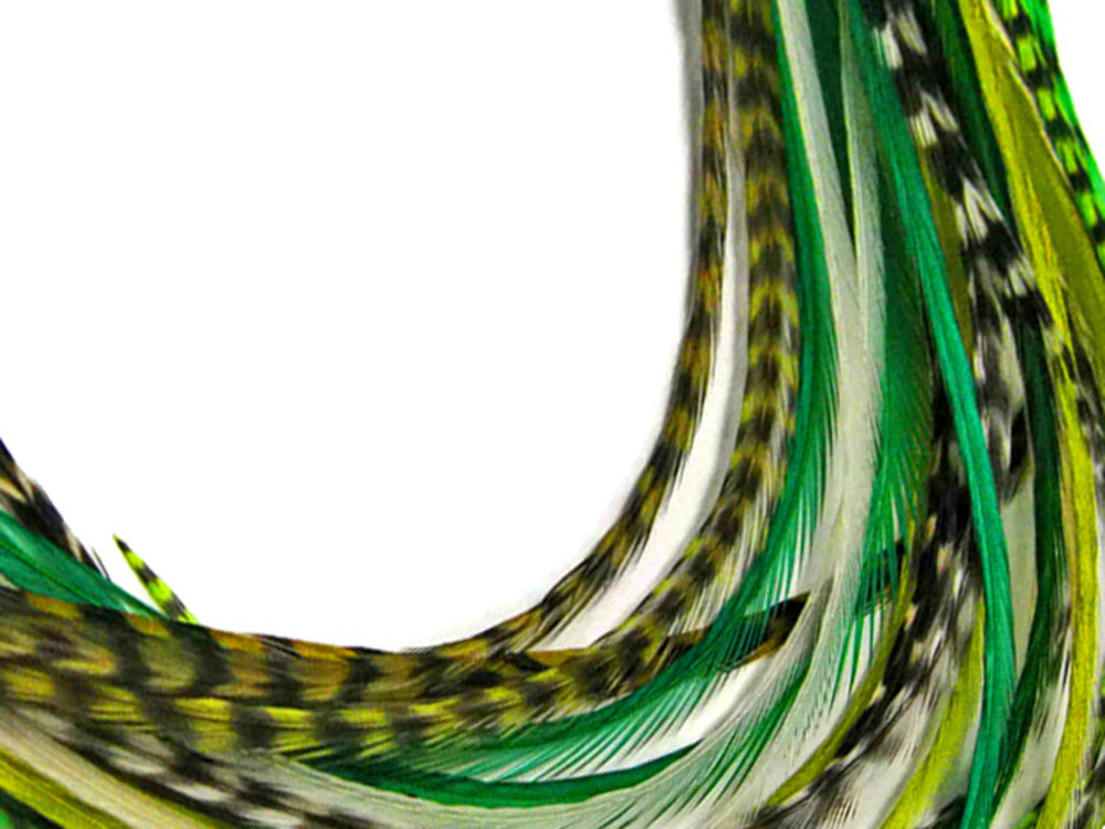 12 Strands - Nature Mix Thin Long Grizzly Whiting Farm Rooster Salon Hair Extension Feathers