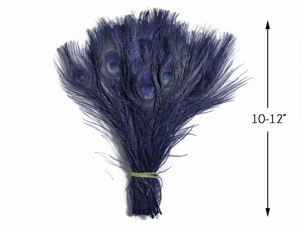 5 Pieces - Navy Blue Bleached & Dyed Peacock Tail Eye Feathers 10-12" Long