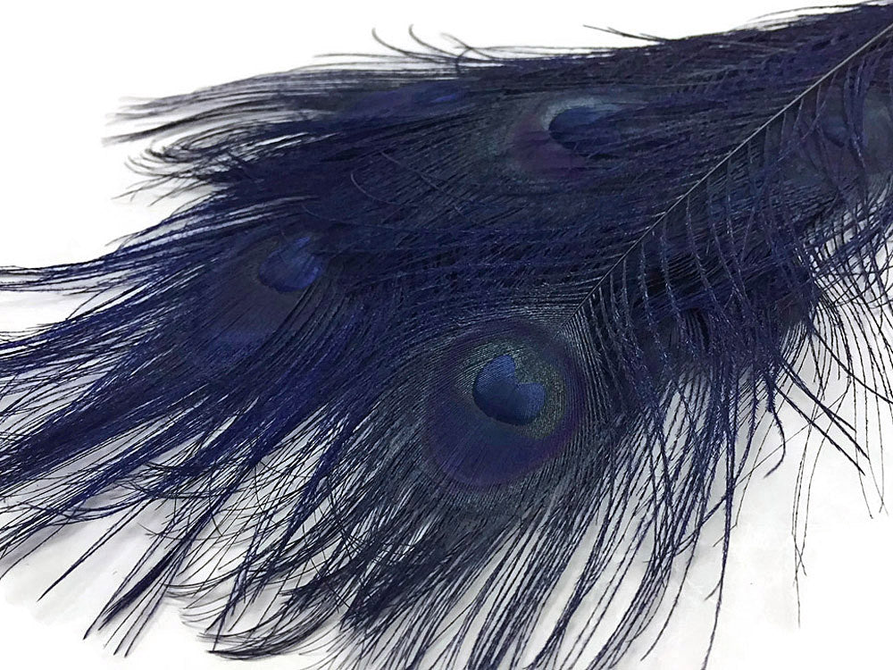 5 Pieces - Navy Blue Bleached & Dyed Peacock Tail Eye Feathers 10-12" Long