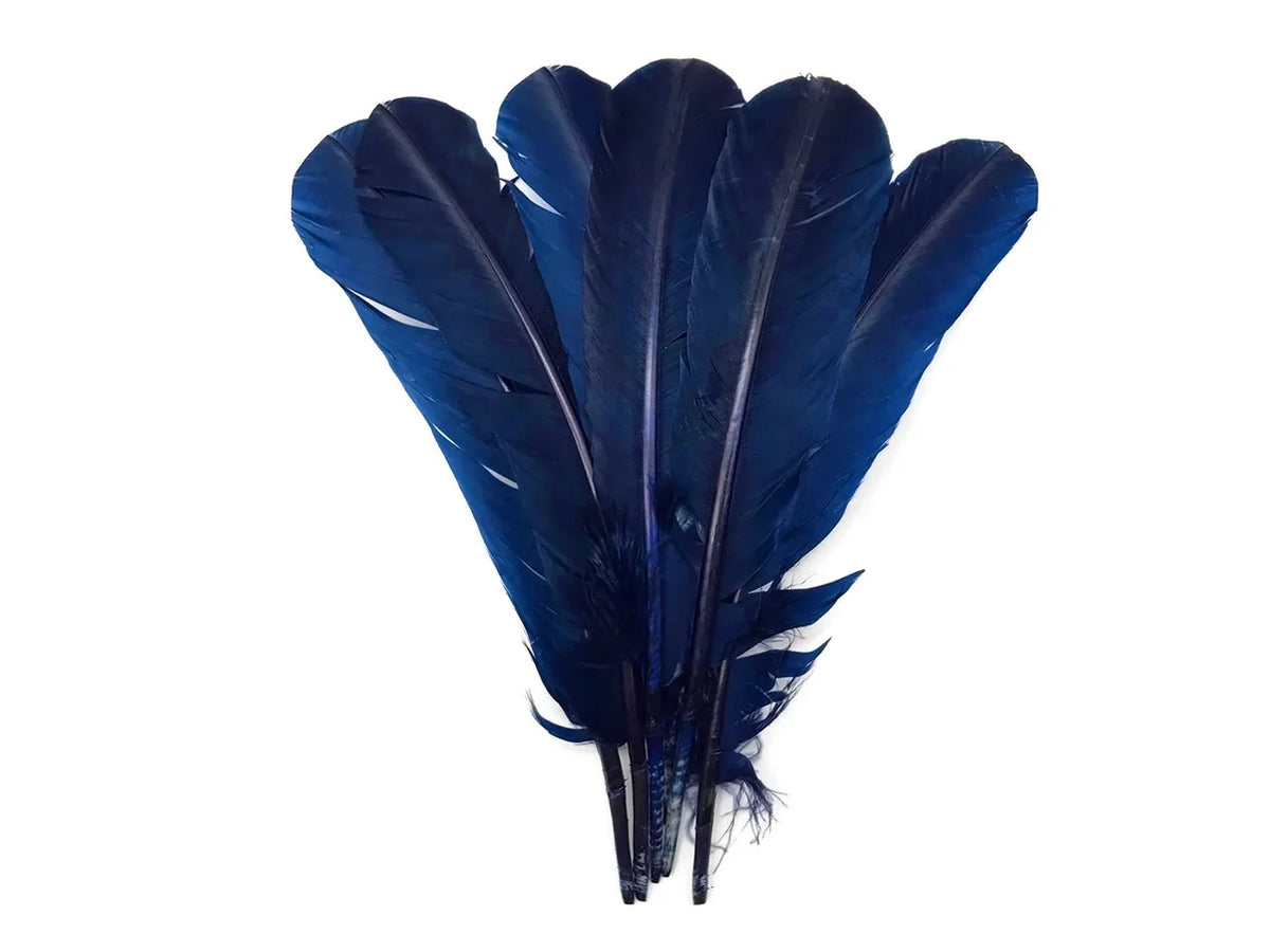 Bundle of vibrant deep blue craft feathers for DIY fashion and decor projects.