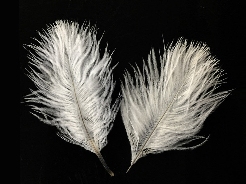 Two fluffy white ostrich feathers for DIY crafts and fashion decor on a black background.