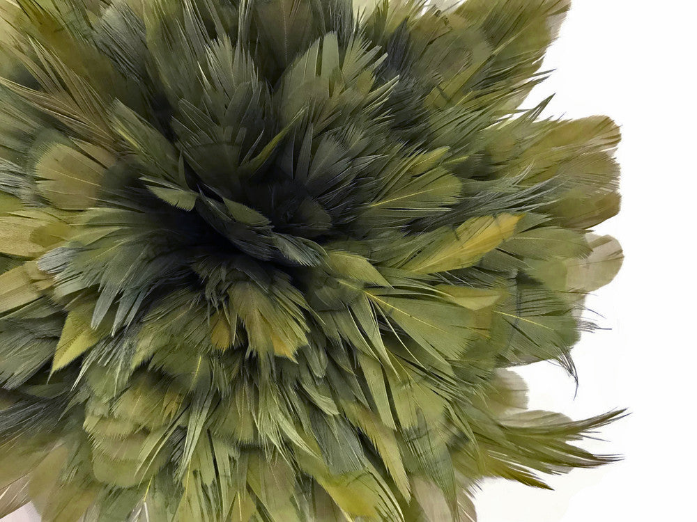 4 Inch Strip - Olive Green Bleached & Dyed Strung Rooster Schlappen Feathers