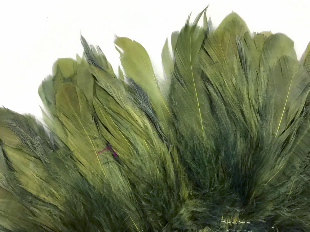 4 Inch Strip - Olive Green Bleached & Dyed Strung Rooster Schlappen Feathers