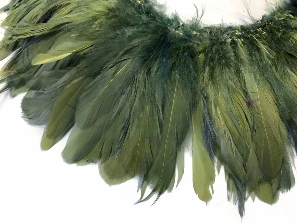 1 Yard - Olive Green Bleached & Dyed Strung Rooster Schlappen Wholesale Feathers (Bulk)