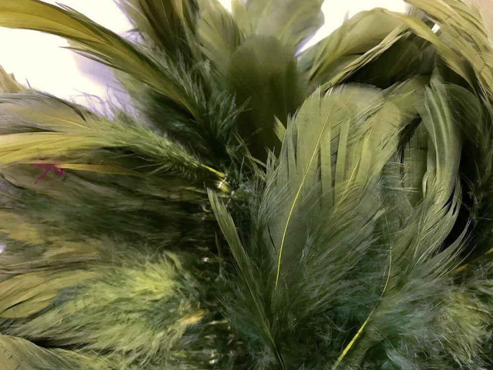 4 Inch Strip - Olive Green Bleached & Dyed Strung Rooster Schlappen Feathers