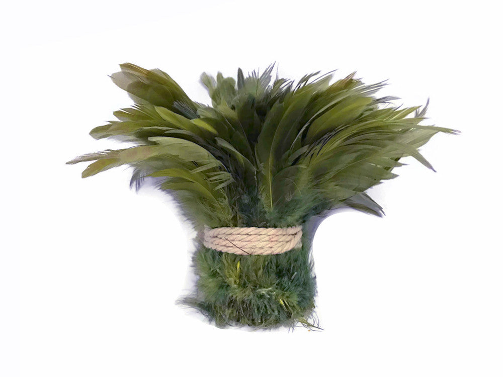 4 Inch Strip - Olive Green Bleached & Dyed Strung Rooster Schlappen Feathers