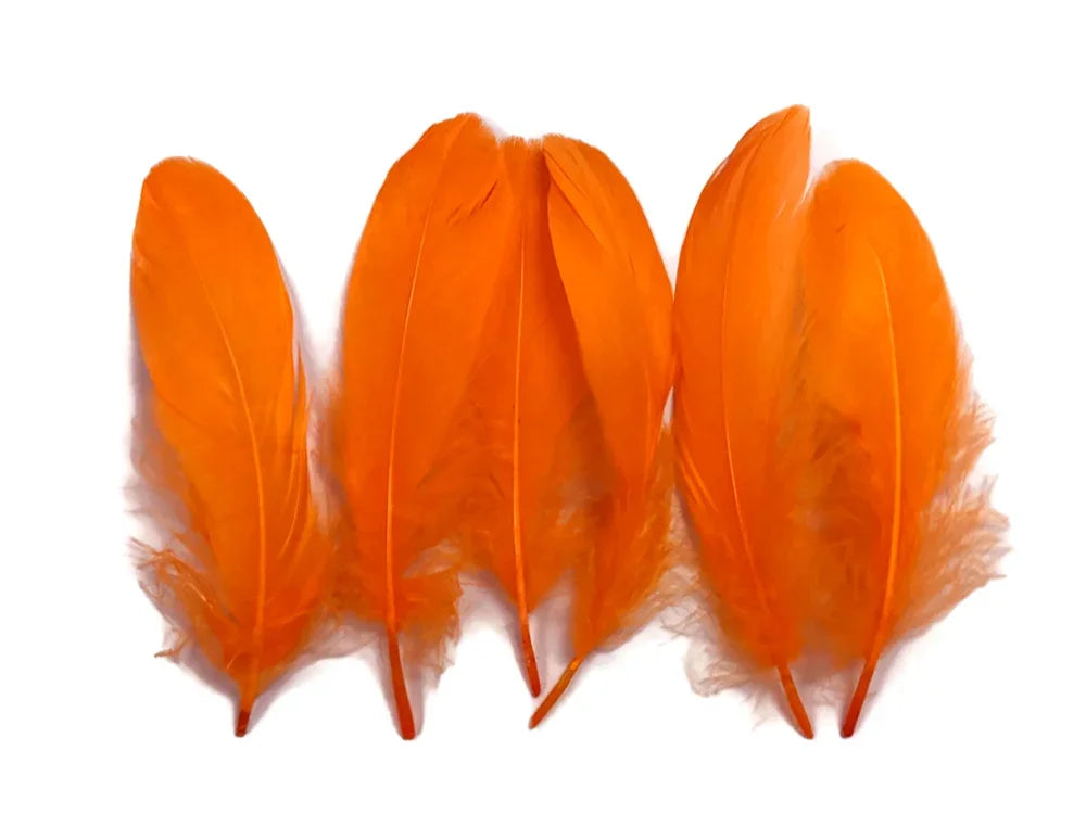 Bright orange goose nagoire feathers with rounded tips and soft bases on white.