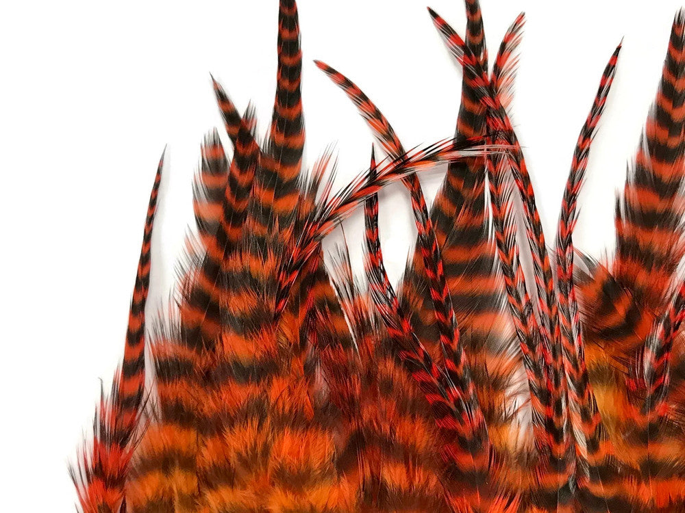 1 Dozen - Short Orange Grizzly Whiting Farm Rooster Saddle Hair Extension Feathers