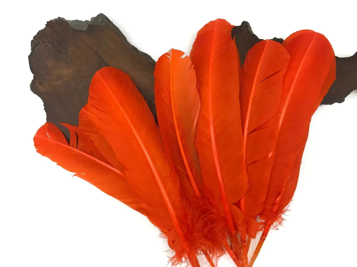 Vibrant orange feathers for crafts and DIY fashion decor on a dark textured background.