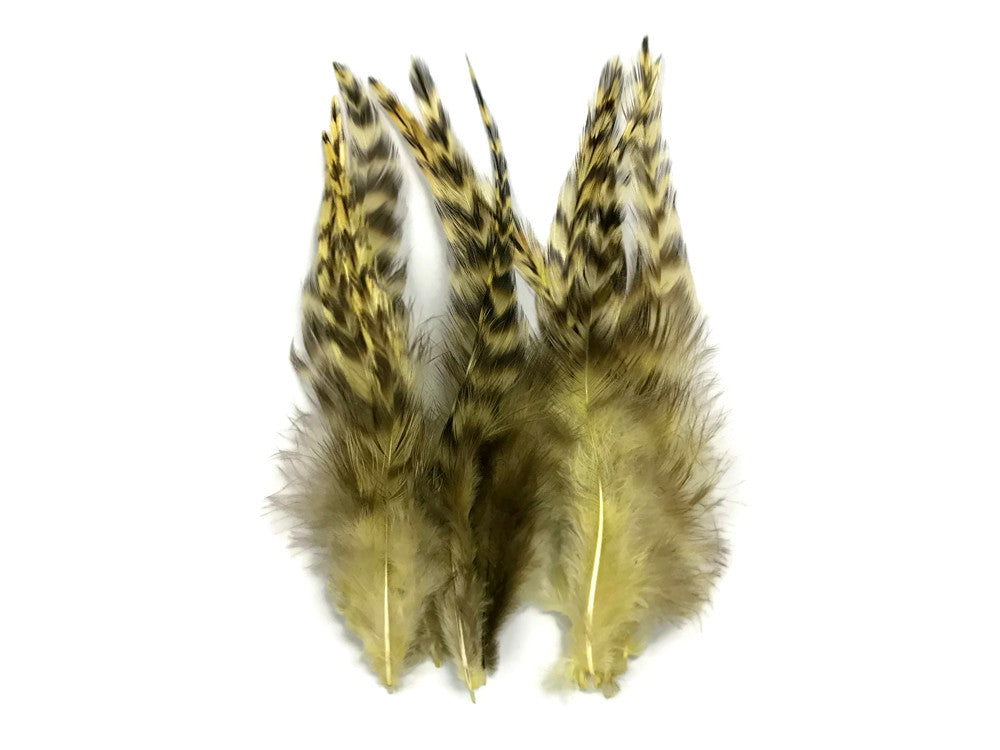 1 Dozen - Medium Pale Yellow Grizzly Rooster Saddle Whiting Hair Extension Feathers