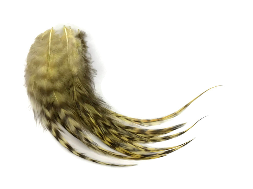 1 Dozen - Medium Pale Yellow Grizzly Rooster Saddle Whiting Hair Extension Feathers