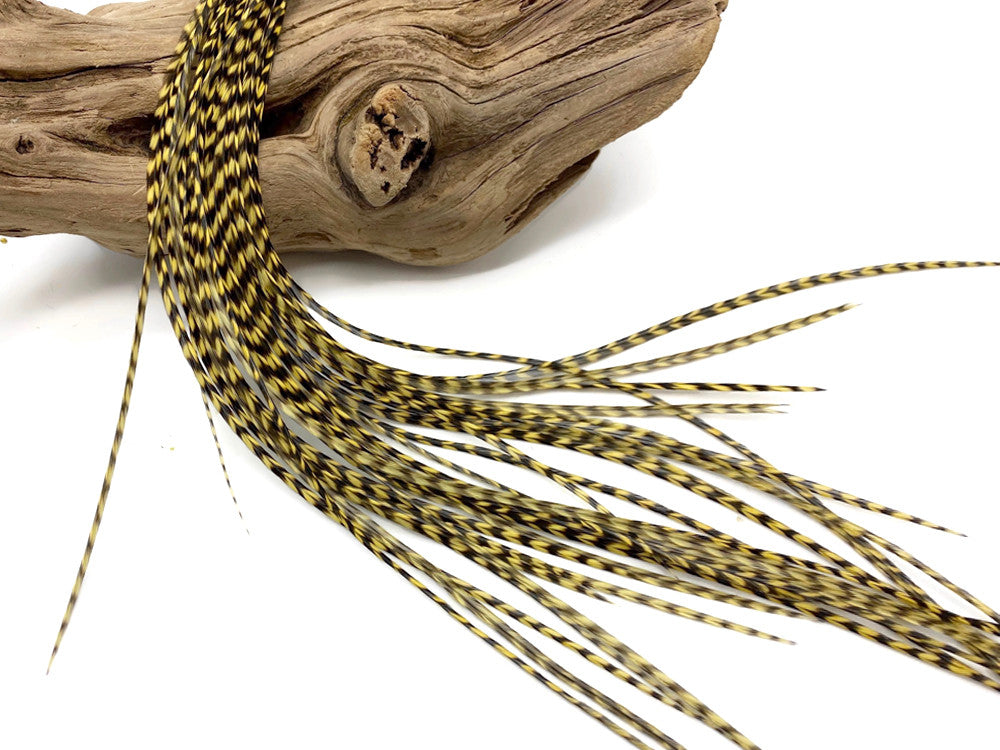 1 Piece - Pale Yellow Thin Long Grizzly Whiting Farms Rooster Hair Extension Feather & Silicon Bead