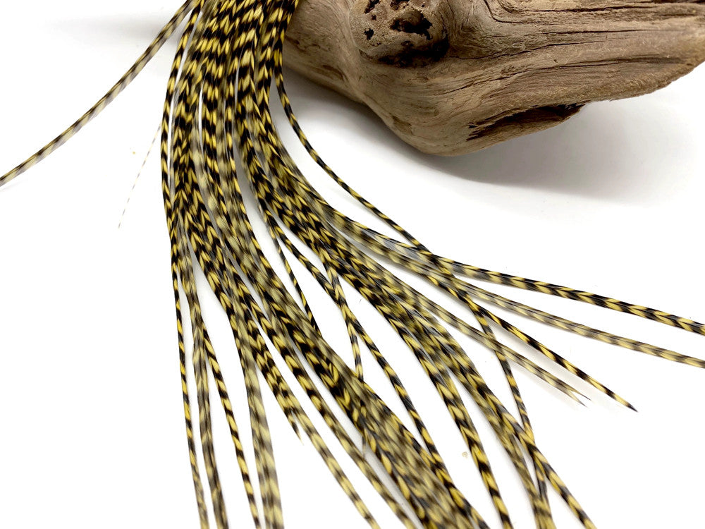 1 Piece - Pale Yellow Thin Long Grizzly Whiting Farms Rooster Hair Extension Feather & Silicon Bead