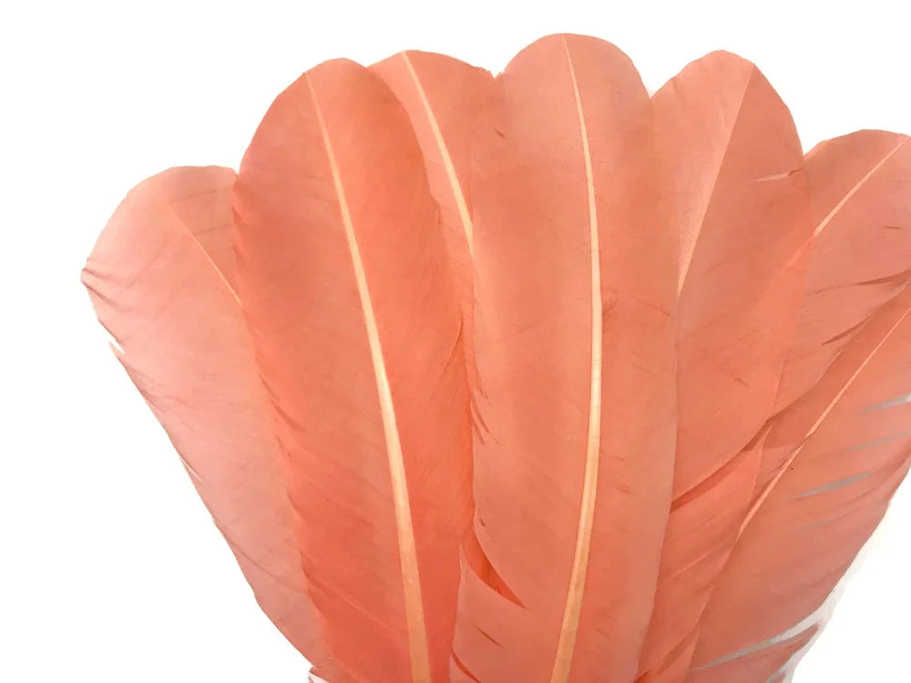 Soft peach colored decorative feathers for crafts and fashion DIY projects.