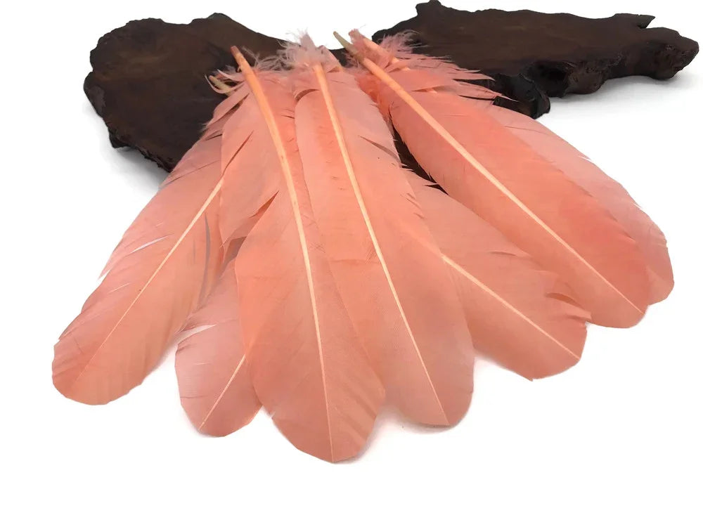 Set of soft peach-colored decorative feathers for crafts and fashion DIY projects.