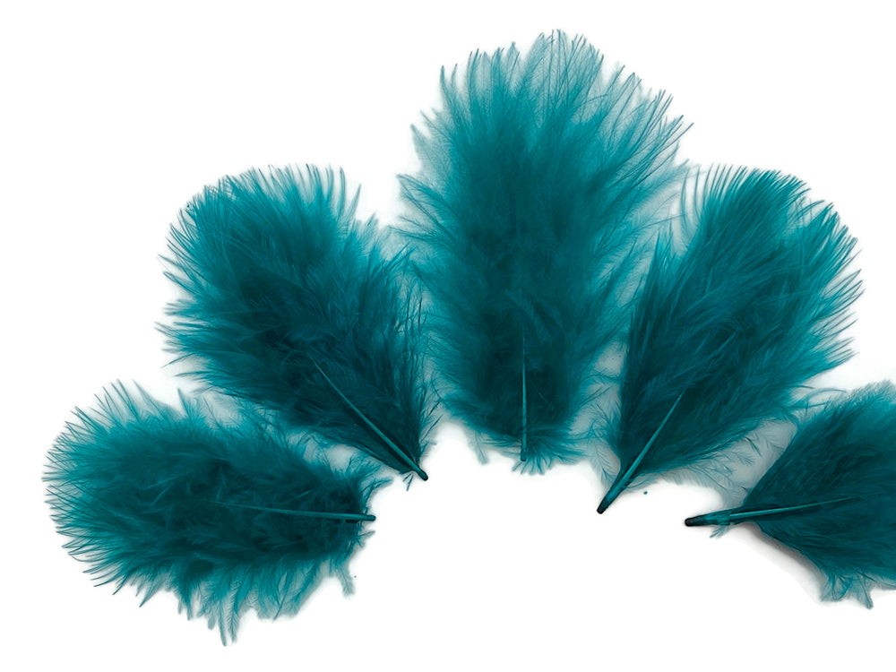Peacock green turkey marabou feathers with soft, fluffy barbs on a white background.