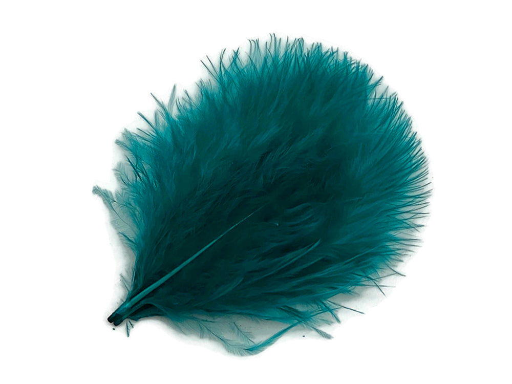 Peacock green turkey marabou feathers with soft, fluffy barbs on a white background.