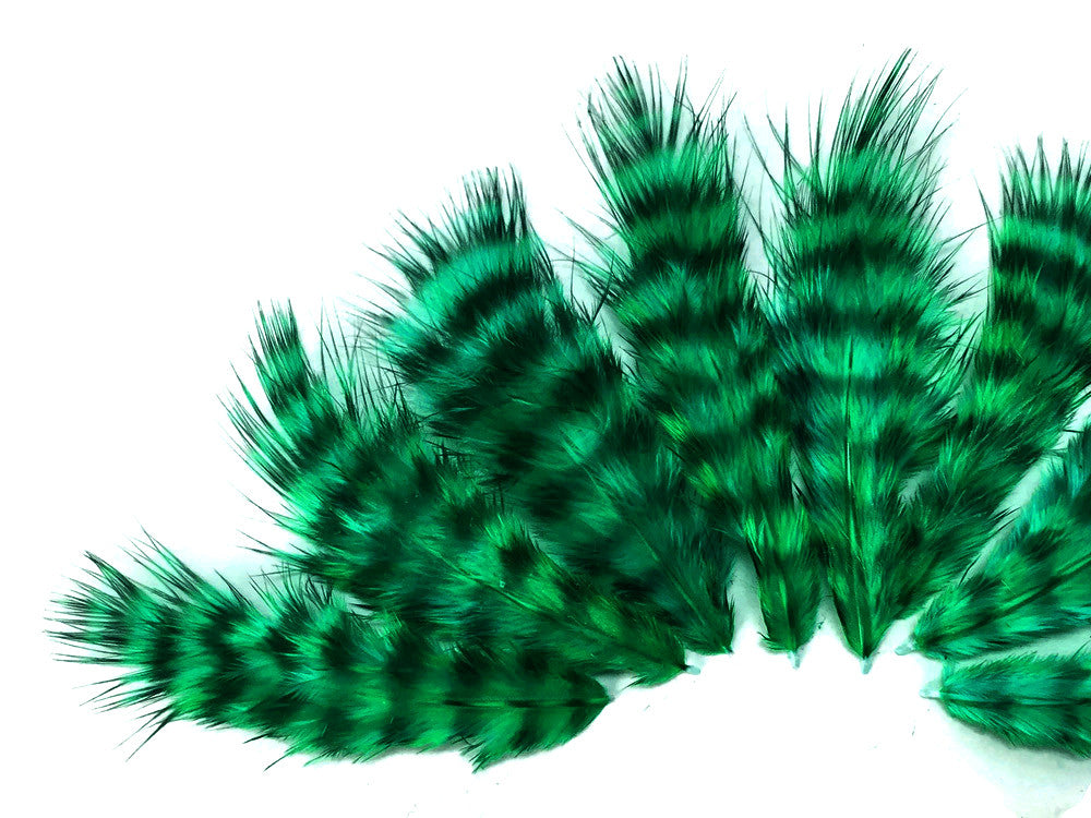 1 Dozen - Peacock Green Grizzly Mini Rooster Chickabou Fluff Whiting Hair Feathers