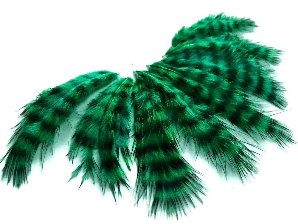 1 Dozen - Peacock Green Grizzly Mini Rooster Chickabou Fluff Whiting Hair Feathers