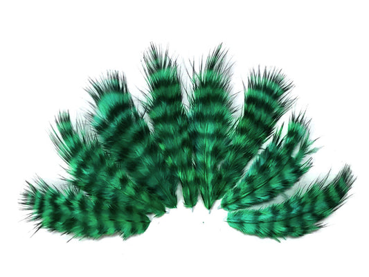 1 Dozen - Peacock Green Grizzly Mini Rooster Chickabou Fluff Whiting Hair Feathers