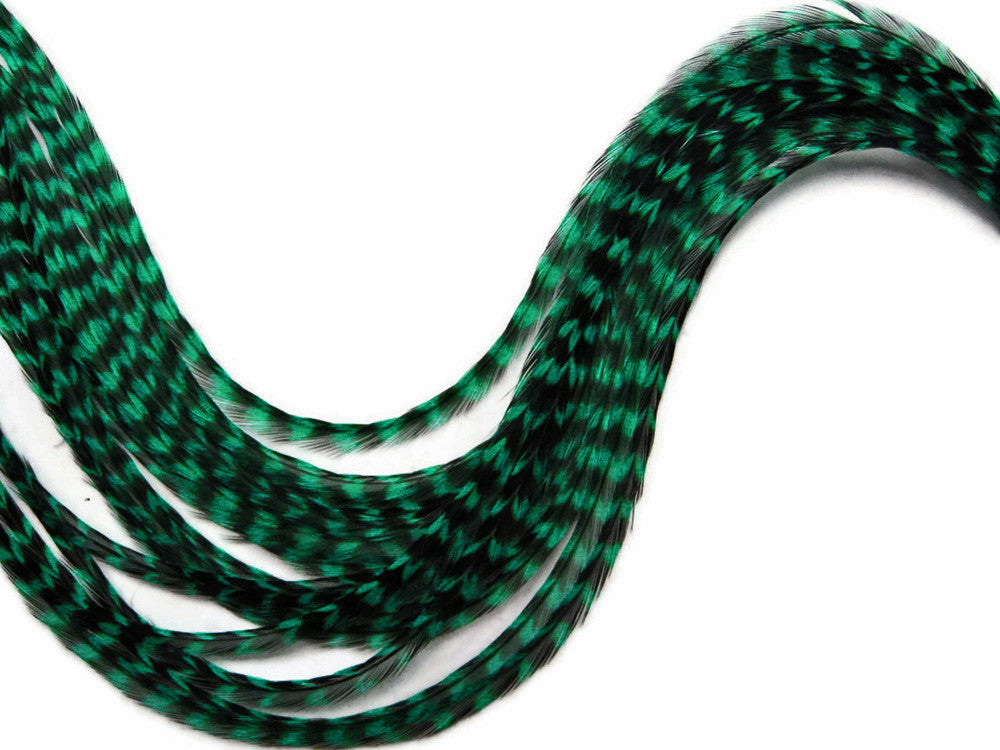 1 Piece - Peacock Green Thin Long Grizzly Rooster Hair Extension Feather & Silicon Bead