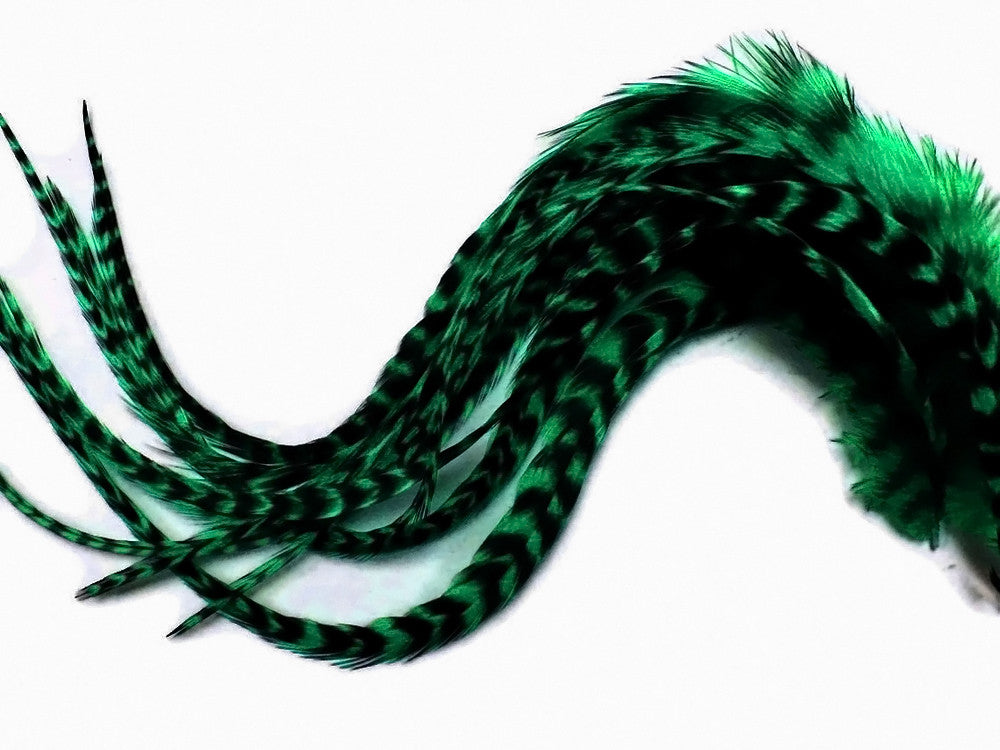 6 Pieces - Peacock Green Thick Long Grizzly Rooster Hair Extension Feathers