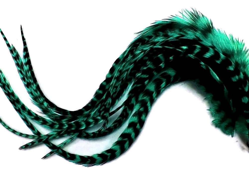 6 Pieces - XL Peacock Green Thick Long Grizzly Whiting Farm Rooster Saddle Hair Extension Feathers