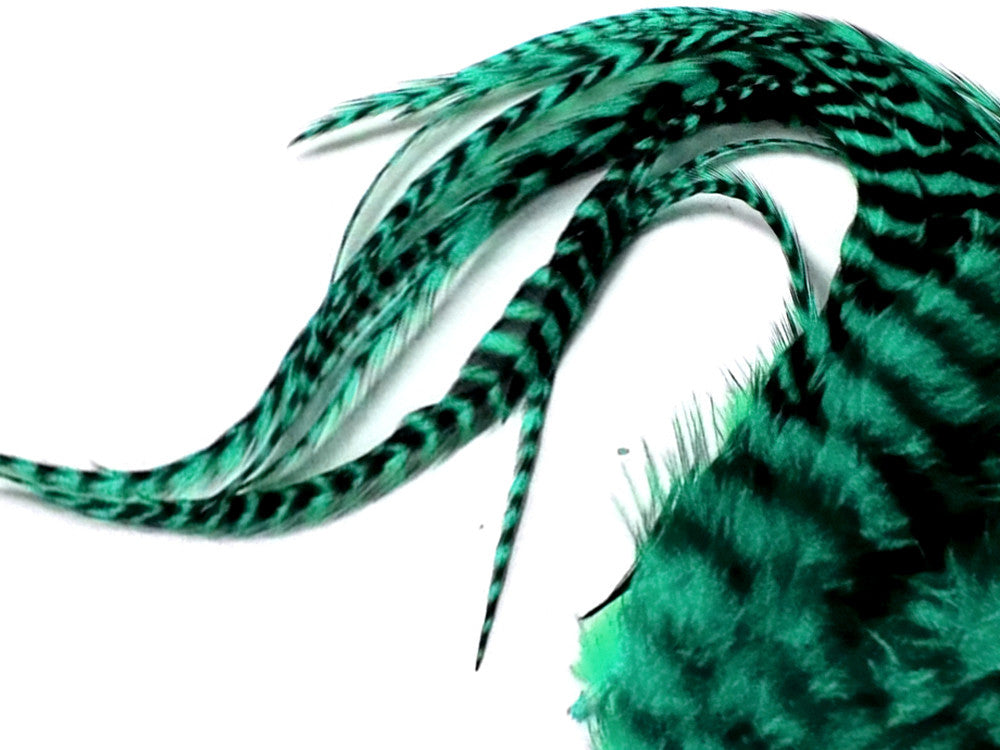 6 Pieces - XL Peacock Green Thick Long Grizzly Whiting Farm Rooster Saddle Hair Extension Feathers