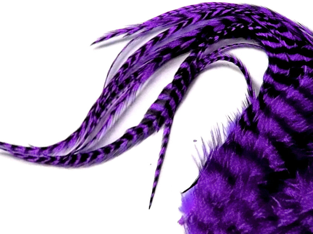 6 Pieces - XL Purple Thick Long Grizzly Whiting Farm Rooster Saddle Hair Extension Feathers