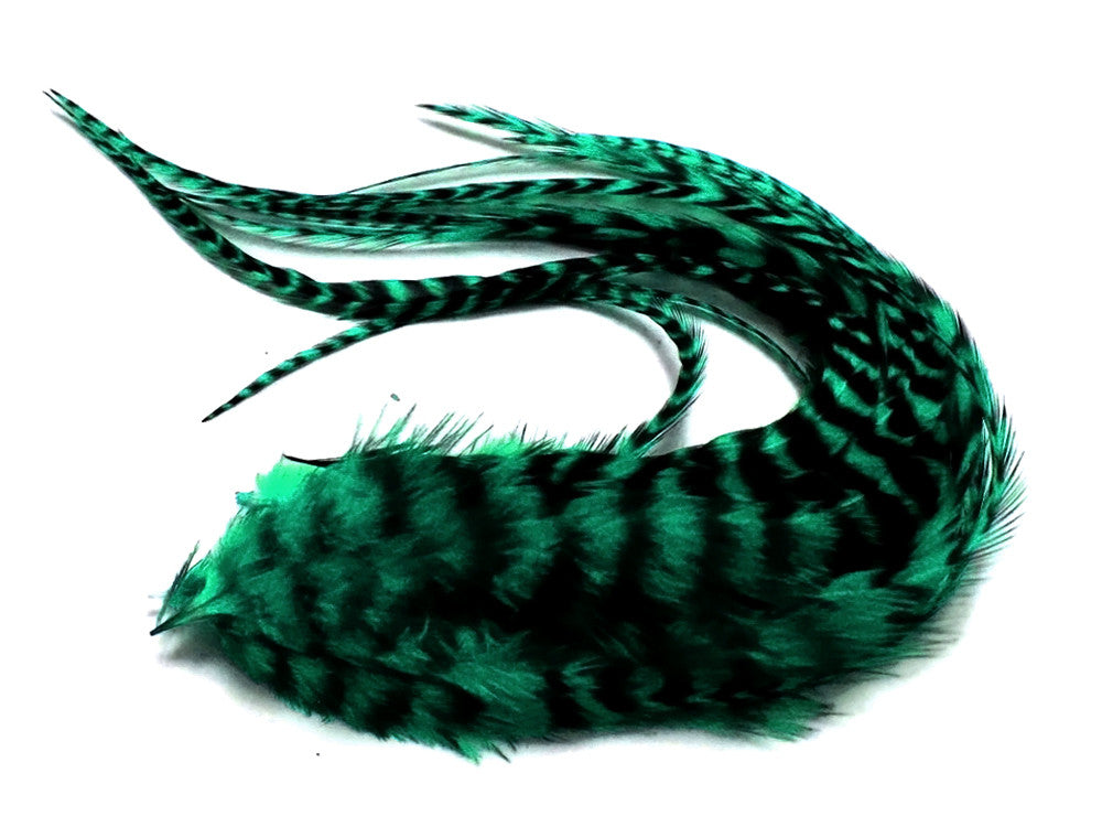 6 Pieces - XL Peacock Green Thick Long Grizzly Whiting Farm Rooster Saddle Hair Extension Feathers