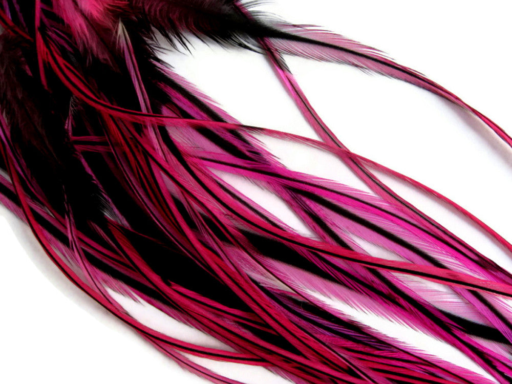 1 Dozen - Medium Hot Pink Badger Rooster Saddle Whiting Hair Extension Feathers