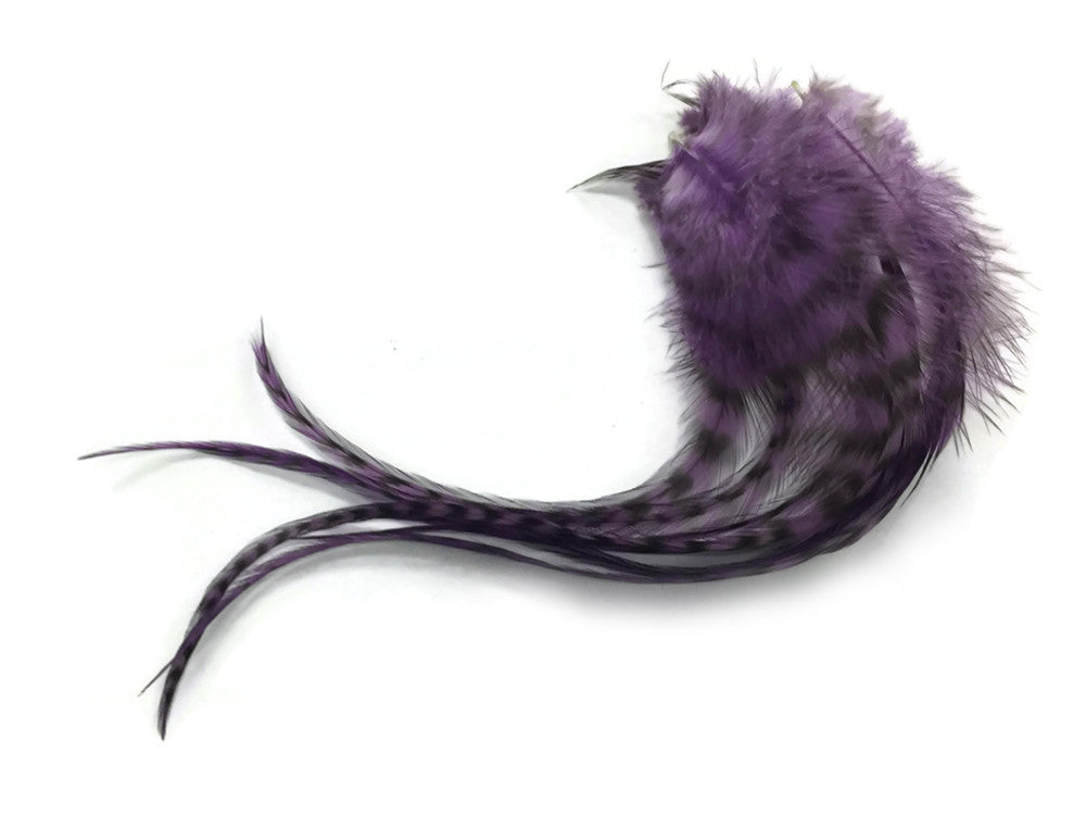 6 Pieces - Plum Grizzly Thick Long Rooster Hair Extension Feathers